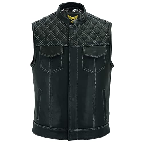 Leatherick Mens Black Motorcycle Vests - SOA Club & Traditional Paisley Satin Liner Leather Biker Vests (US, Alpha, Large, Regular, Regular, Black (White Diamond)) - Image 2