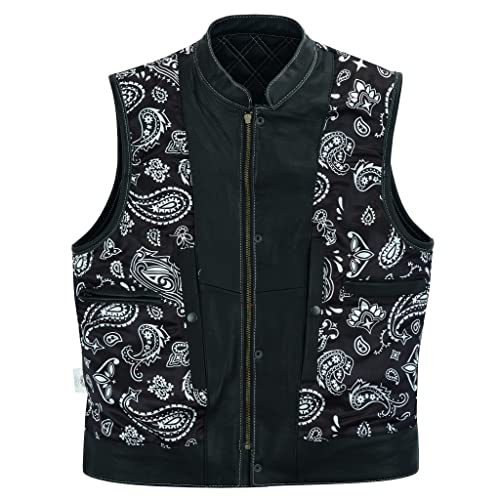 Leatherick Mens Black Motorcycle Vests - SOA Club & Traditional Paisley Satin Liner Leather Biker Vests (US, Alpha, Large, Regular, Regular, Black (White Diamond)) - Image 4