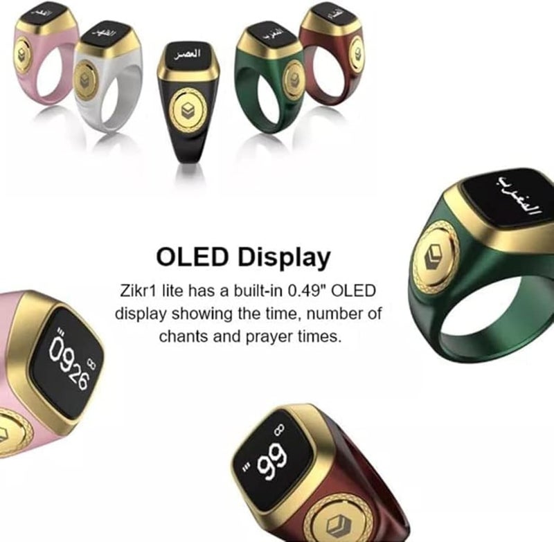 خاتم الزكر- الصلاة المسلمة- تذكير توقيت الصلاة شاشة OLED خاتم ذكي قابل للارتداء تقنية مقاومة للماء (خضراء، 20 مم) - Image 3