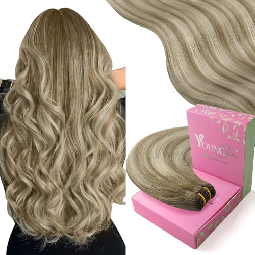 YoungSee Sew in Hair Extensions Balayage Brown Weft Hair Extensions Human Hair Medium Brown Fading to Brown Mix Platinum Soft Sew in Hair Extensions Real Human Hair Hair Loss Coverage 100G 16Inch