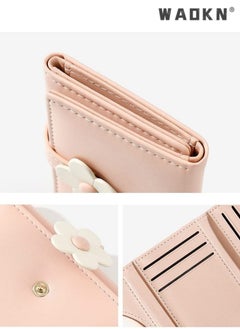 WAOKN Elegant Small Tri-fold Wallet for Women, PU Leather Print with Flower Pattern, Including Cash Pocket, Card Holder, Coin Purse and ID Window(Pink)  - Image 3