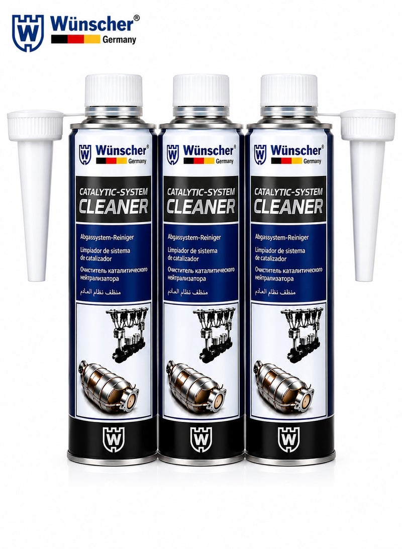 Wunscher W-7722 Catalytic System Cleaner 300ML x 3PCS, 900ML Petrol & Diesel Fuel Additive, Catalytic Converter DPF Injection Exhaust Cleaner, Carbon Soot Deposit Remover, Engine Maintenance Treatment - Image 1