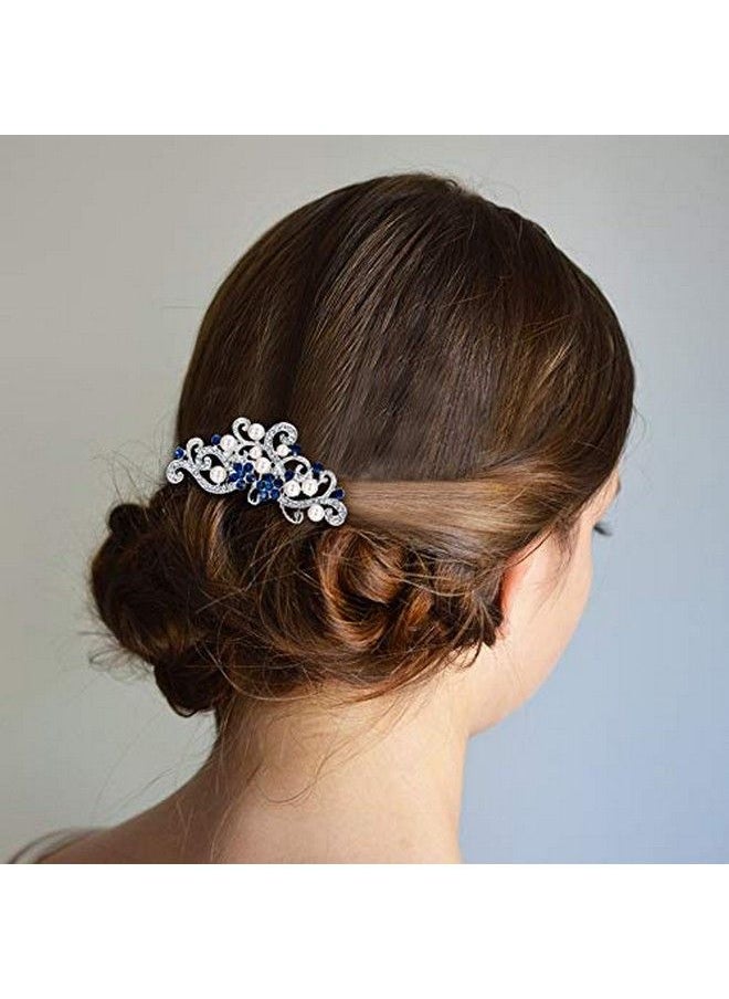 EVER FAITH - Silvertone Austrian Crystal Cream Simulated Pearl Floral Vine Bridal Hair Side Comb Blue - Image 1