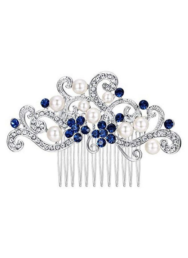 EVER FAITH - Silvertone Austrian Crystal Cream Simulated Pearl Floral Vine Bridal Hair Side Comb Blue - Image 1