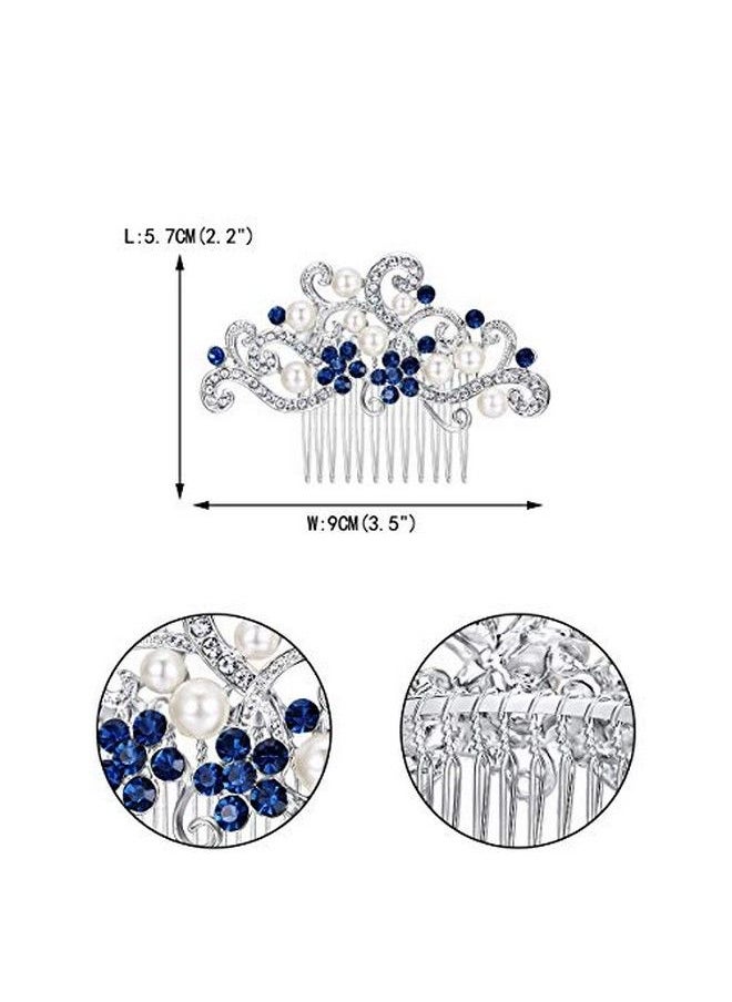 EVER FAITH - Silvertone Austrian Crystal Cream Simulated Pearl Floral Vine Bridal Hair Side Comb Blue - Image 1