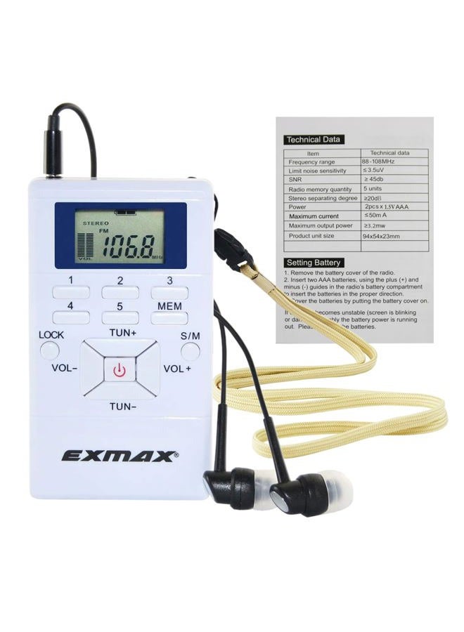 EXMAX 60-108MHz wireless Portable Pocket DSP FM Stereo Radio Digital Receiver with Mini LCD Clock Earphone for Tour Guide System FM Transmitter Teaching Meeting White - Image 1