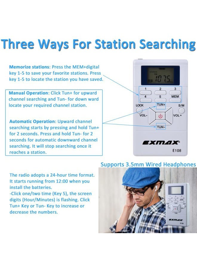 EXMAX 60-108MHz wireless Portable Pocket DSP FM Stereo Radio Digital Receiver with Mini LCD Clock Earphone for Tour Guide System FM Transmitter Teaching Meeting White - Image 5