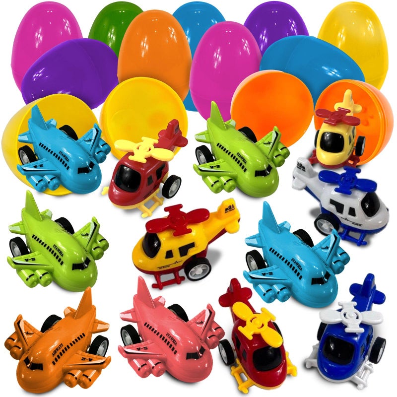 stargo 16 Pack Colorful Prefilled Easter Eggs bulk with toys mini Aircraft pullback Helicopters Airplanes Plastic Easter Eggs Filled Basket Fillers Egg Hunts Party Favors Boys Goodie Bags - Image 3