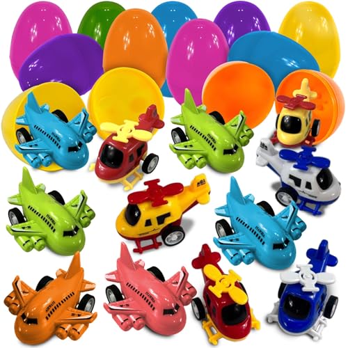 stargo 16 Pack Colorful Prefilled Easter Eggs bulk with toys mini Aircraft pullback Helicopters Airplanes Plastic Easter Eggs Filled Basket Fillers Egg Hunts Party Favors Boys Goodie Bags - Image 1