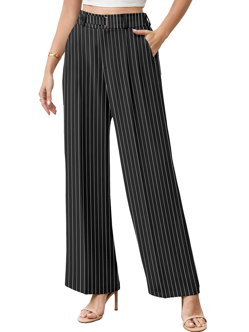 Betusline Women's Wide Leg Long Dress Pants High Waisted Business Stripe Straight Office Trousers, Black Stripe, Medium - Image 1