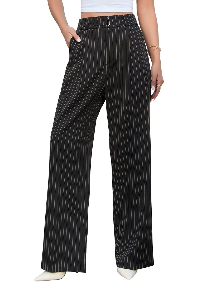 Betusline Women's Wide Leg Long Dress Pants High Waisted Business Stripe Straight Office Trousers, Black Stripe, Medium - Image 2