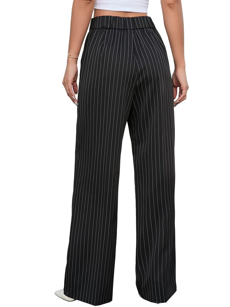 Betusline Women's Wide Leg Long Dress Pants High Waisted Business Stripe Straight Office Trousers, Black Stripe, Medium - Image 5