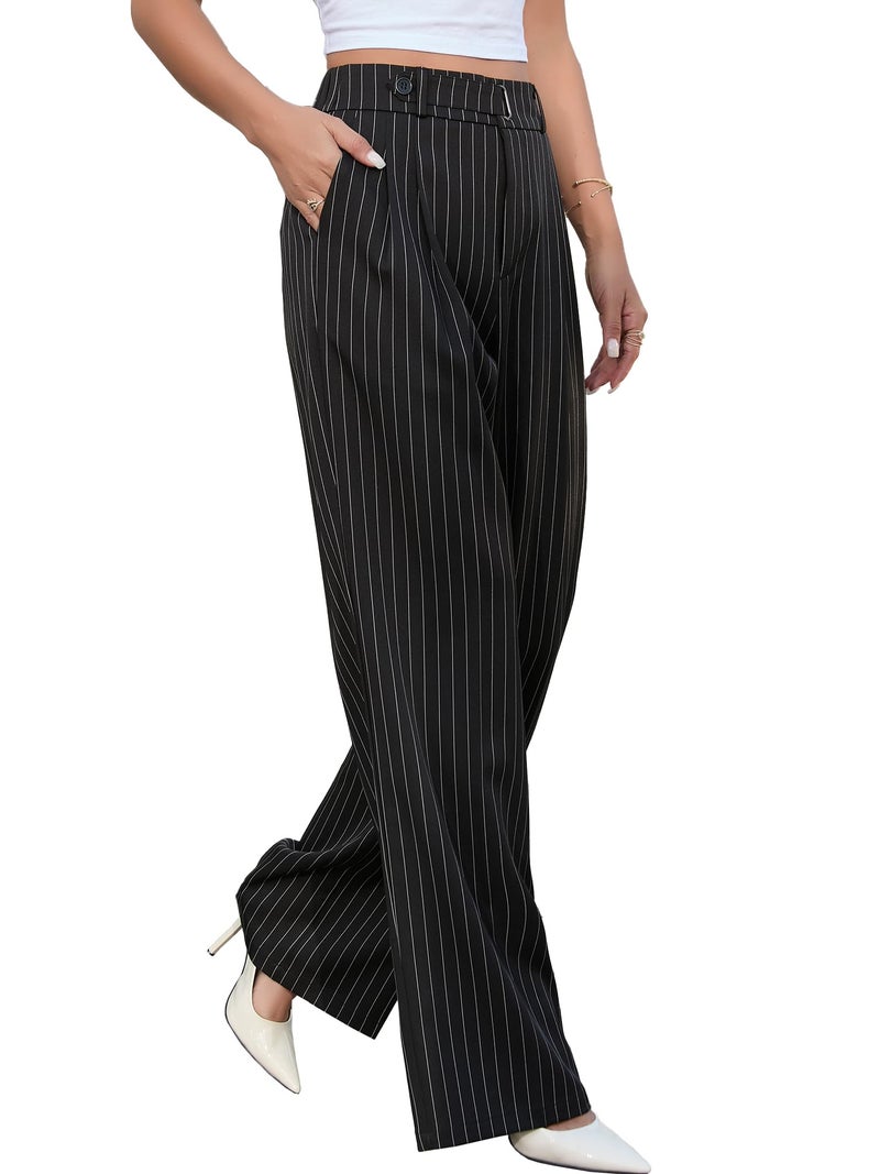 Betusline Women's Wide Leg Long Dress Pants High Waisted Business Stripe Straight Office Trousers, Black Stripe, Medium - Image 4
