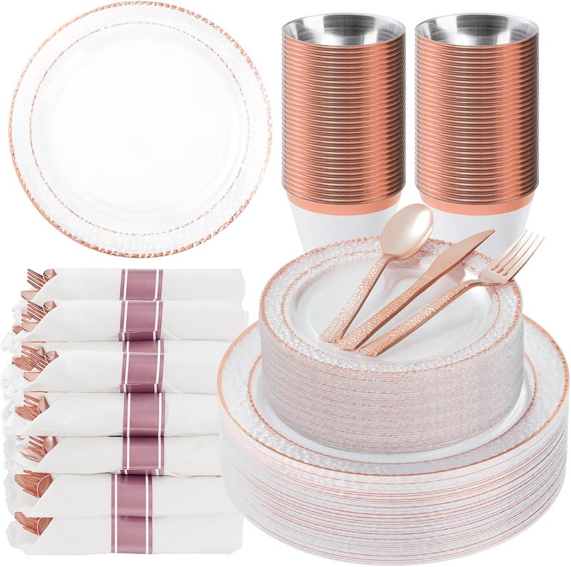Bestluck 350PCS Clear Plastic Plates with Rose Gold Trim for 50 Guests, Disposable Dinnerware Set for Party, Wedding, Include 100 Plastic Plates, 50 Pre Rolled Napkins with Silverware, 50 Cups - Image 1