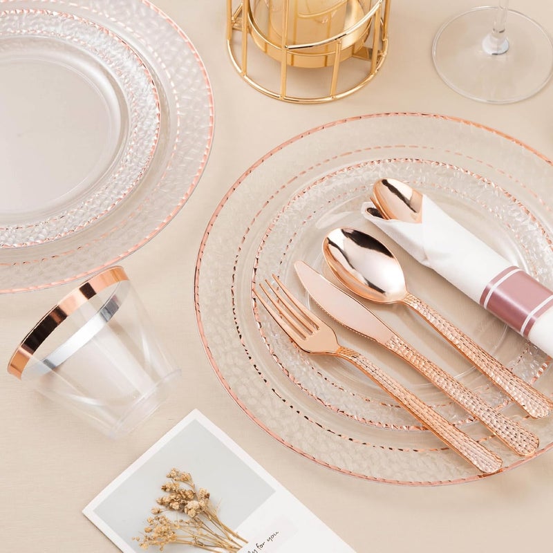 Bestluck 350PCS Clear Plastic Plates with Rose Gold Trim for 50 Guests, Disposable Dinnerware Set for Party, Wedding, Include 100 Plastic Plates, 50 Pre Rolled Napkins with Silverware, 50 Cups - Image 3