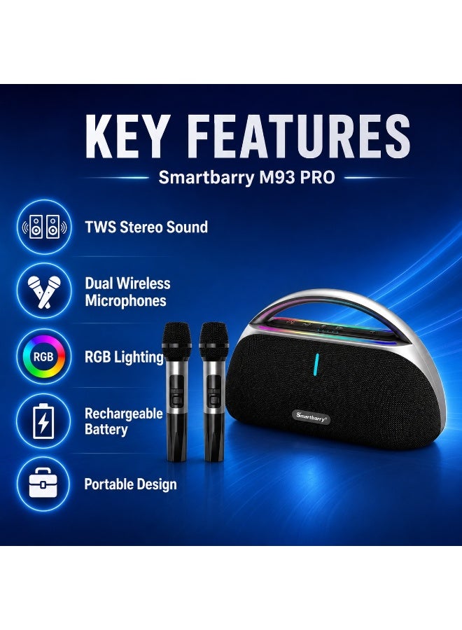 Smartbarry مكبر صوت كاريوكي لاسلكي M93 برو مع 2 ميكروفون لاسلكي، مكبر صوت بلوتوث محمول للحفلات مع أضواء RGB LED، اقتران ستيريو TWS، USB/TF/AUX، 3 أوضاع صوت EQ - Image 2