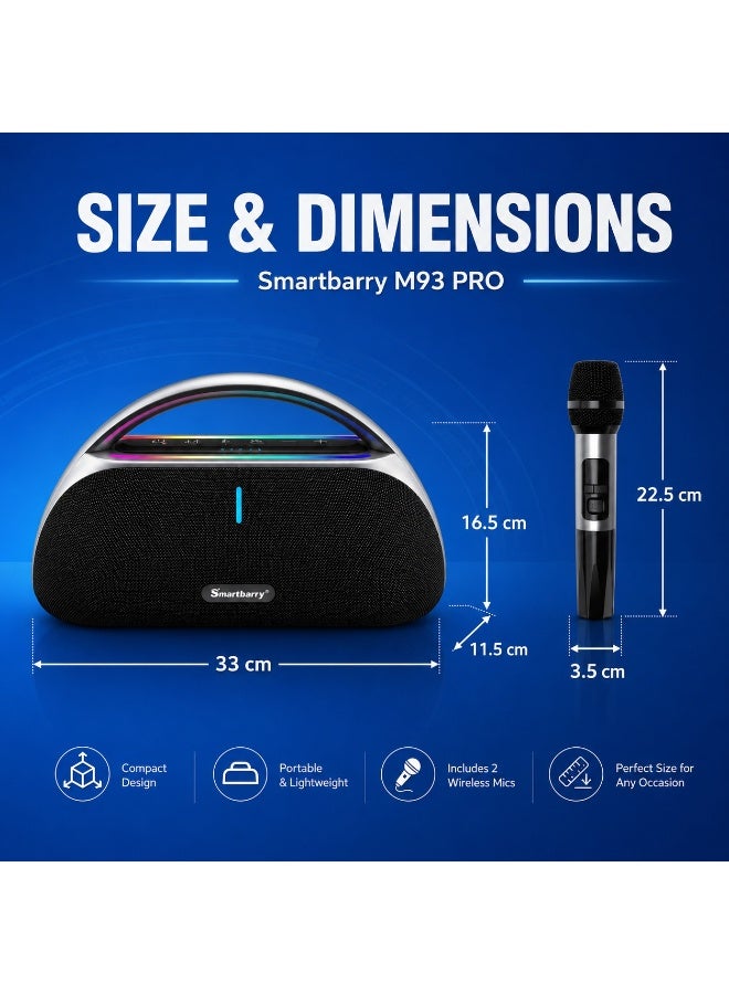 Smartbarry مكبر صوت كاريوكي لاسلكي M93 برو مع 2 ميكروفون لاسلكي، مكبر صوت بلوتوث محمول للحفلات مع أضواء RGB LED، اقتران ستيريو TWS، USB/TF/AUX، 3 أوضاع صوت EQ - Image 3