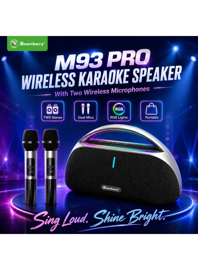 Smartbarry مكبر صوت كاريوكي لاسلكي M93 برو مع 2 ميكروفون لاسلكي، مكبر صوت بلوتوث محمول للحفلات مع أضواء RGB LED، اقتران ستيريو TWS، USB/TF/AUX، 3 أوضاع صوت EQ - Image 5