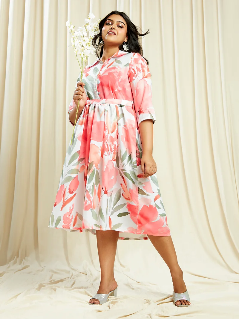globus Gloplus Women Off White Shirt Collar Floral Print Gathered Plus Size A-Line Midi Dress With Belt