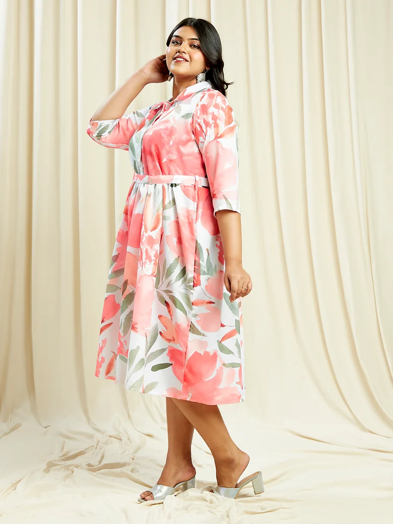 globus Gloplus Women Off White Shirt Collar Floral Print Gathered Plus Size A-Line Midi Dress With Belt