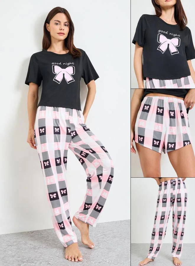 Take Two Pack of 3 - Bow Print T-Shirt, Shorts, Pajama Set