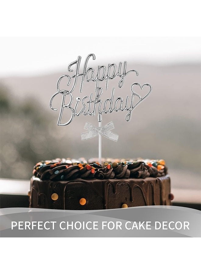YJ Silver Happy Birthday Cake Decoration Plastic - 3D Double-Sided Curved Happy Birthday Sign with Bow Cake, Creative Cake Decoration (Silver) - Image 4