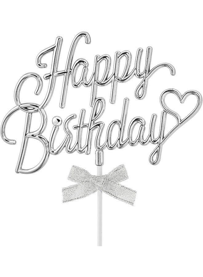 YJ Silver Happy Birthday Cake Decoration Plastic - 3D Double-Sided Curved Happy Birthday Sign with Bow Cake, Creative Cake Decoration (Silver) - Image 1
