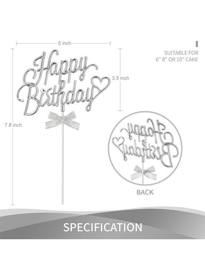 YJ Silver Happy Birthday Cake Decoration Plastic - 3D Double-Sided Curved Happy Birthday Sign with Bow Cake, Creative Cake Decoration (Silver) - Image 2