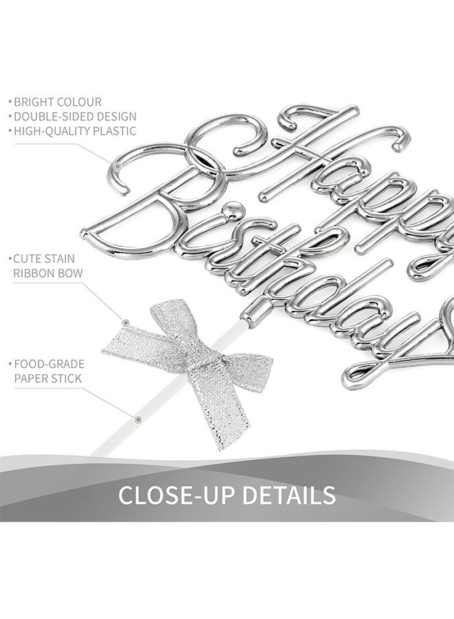 YJ Silver Happy Birthday Cake Decoration Plastic - 3D Double-Sided Curved Happy Birthday Sign with Bow Cake, Creative Cake Decoration (Silver) - Image 3