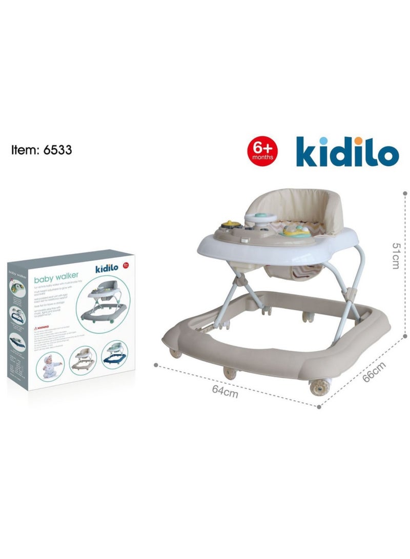 Kidilo Baby Walker – Adjustable Height, Foldable Design, Anti-Slip Base, Ergonomic Seat, Toy Activity Tray with Music, Supports Baby's Walking, Coordination, and Motor Skills Development