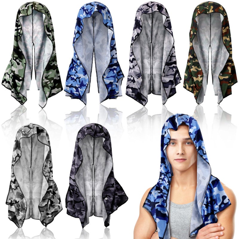 CraftyDream 6 Pcs Cooling Hoodie Towel Camouflage Breathable Cold Cooling Towels for Neck and Face Quick Drying Absorbent Cooling Neck Wraps for Sport Men Women Yoga Gym Summer Outdoor Accessories - Image 1