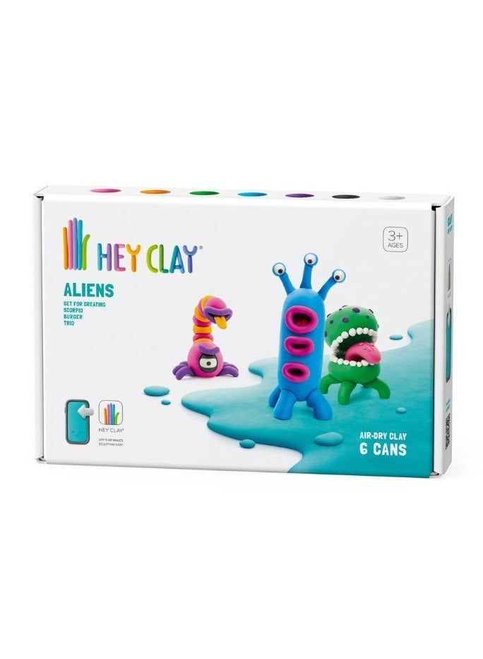 HEY CLAY DIY  Aliens: Burger, Trio, Scorpio Plastic Creative Modelling Air-Dry Clay For Kids 6 Cans - Image 1