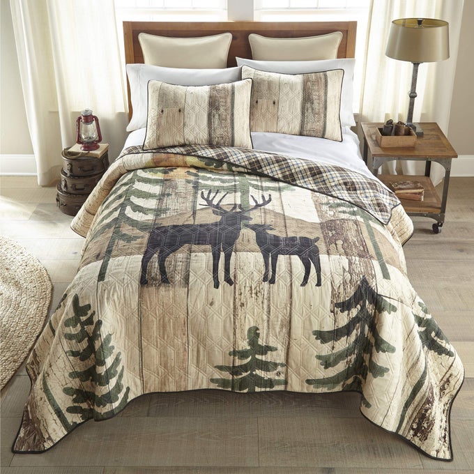 KING BEDDING SET 3 PIECE PAINTED DEER LODGE QUILT SET WITH KING QUILT AND TWO STANDARD PILLOW SHAMS MACHINE WASHABLE