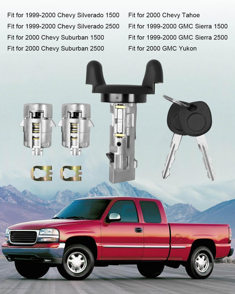 HUQUZN Ignition Switch Lock Cylinder and Door Lock Cylinder Set with Key for Chevy GMC 1999-2000 - Image 3