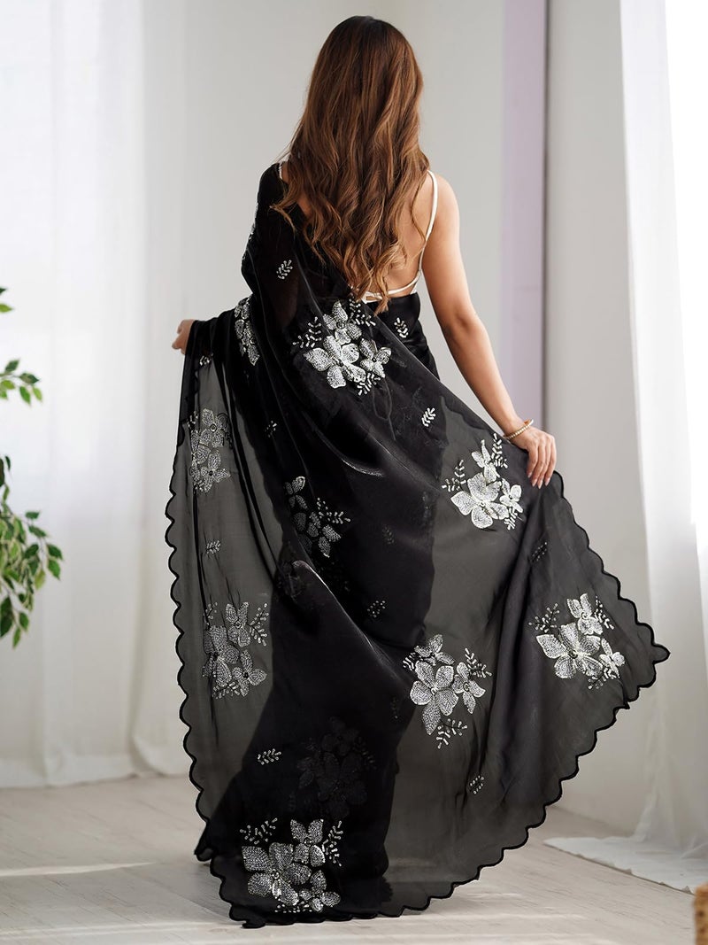 Satrani Women's Shimmer Chiffon Sequins Embroidery Saree with Unstitched Blouse Piece (3997S126N_Black) - Image 2