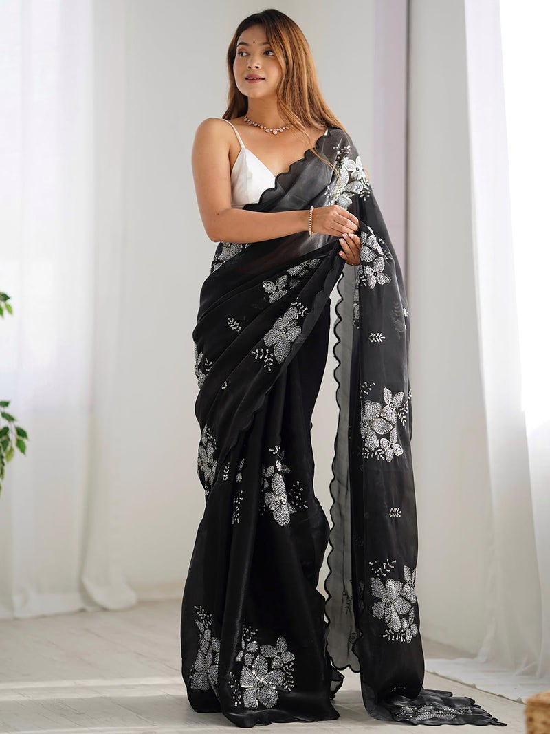 Satrani Women's Shimmer Chiffon Sequins Embroidery Saree with Unstitched Blouse Piece (3997S126N_Black) - Image 3