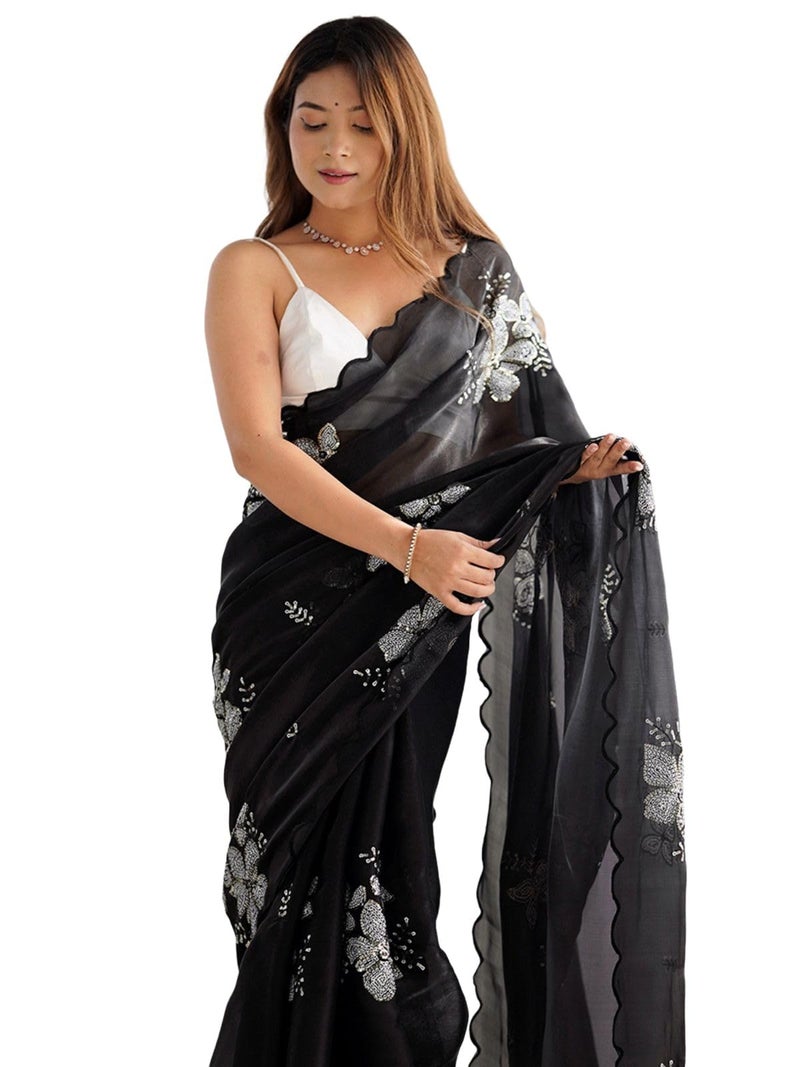 Satrani Women's Shimmer Chiffon Sequins Embroidery Saree with Unstitched Blouse Piece (3997S126N_Black) - Image 1