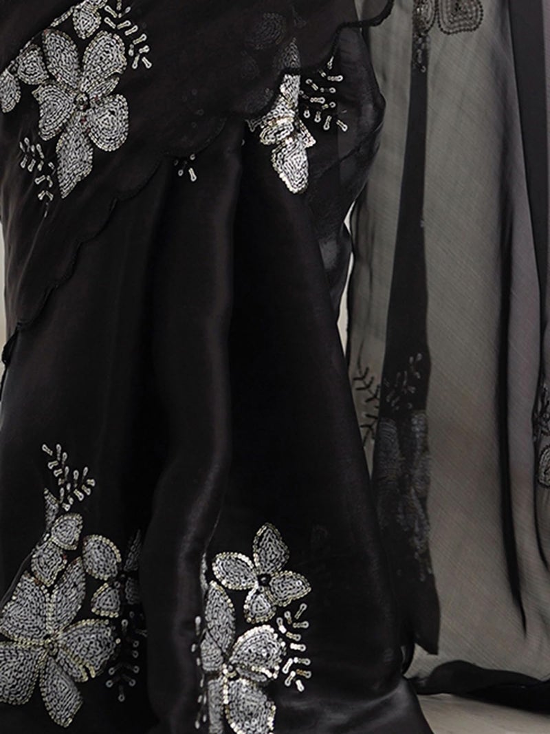 Satrani Women's Shimmer Chiffon Sequins Embroidery Saree with Unstitched Blouse Piece (3997S126N_Black) - Image 5