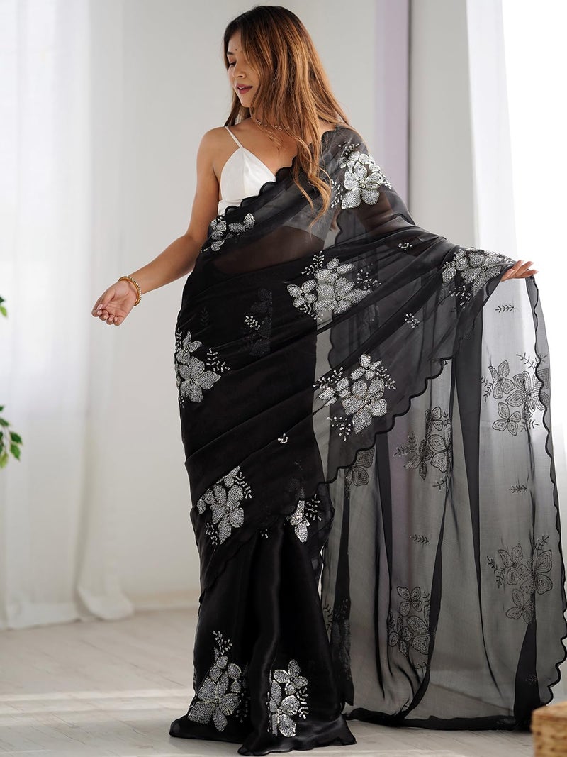 Satrani Women's Shimmer Chiffon Sequins Embroidery Saree with Unstitched Blouse Piece (3997S126N_Black) - Image 4