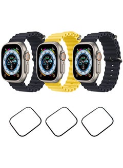 Silicone Ocean Band Strap for Apple Watch Ultra 8 49mm Black,Yellow and Black Set of 3 with 3 * 49mm Watch glass