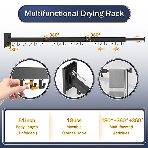 ZdwCyl Clothes Drying Rack Wall Mounted,Laundry Rack Wall Wount,Drying Rack Clothing for Laundry,Retractable Dryer Racks,Wall Mounted Drying Rack Collapsible, Black, Sandy Coating,3z-b01 - Image 5