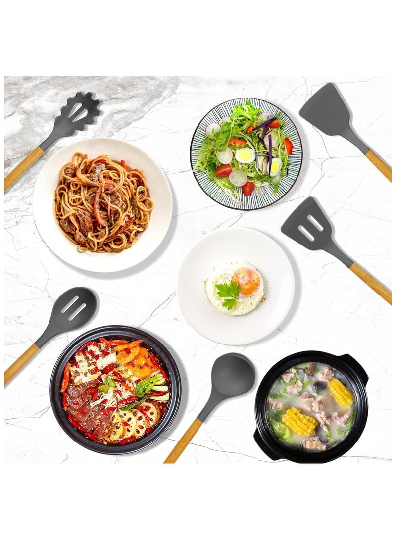 Cooking Utensils Set, 12 Pieces, Silicone and Wooden, Non-Stick, Heat Resistant (Black)  - Image 2