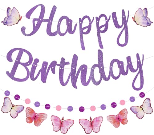 Danadia PreStrung Happy Birthday Banner NO DIY Birthday Decorations with Circle Dot Garland and Butterflies Happy Birthday Party Decorations for Women Girls Purple - Image 1