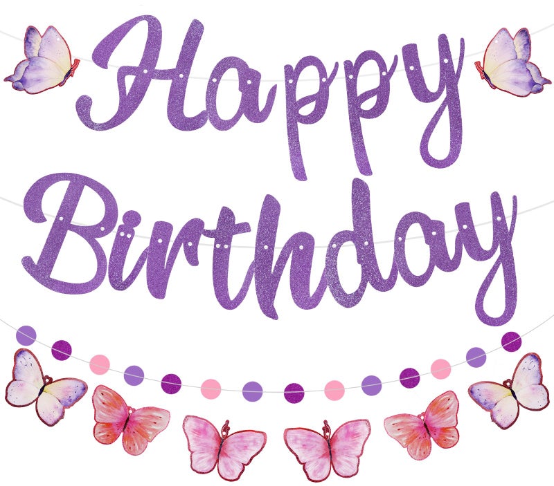 Danadia PreStrung Happy Birthday Banner NO DIY Birthday Decorations with Circle Dot Garland and Butterflies Happy Birthday Party Decorations for Women Girls Purple - Image 2