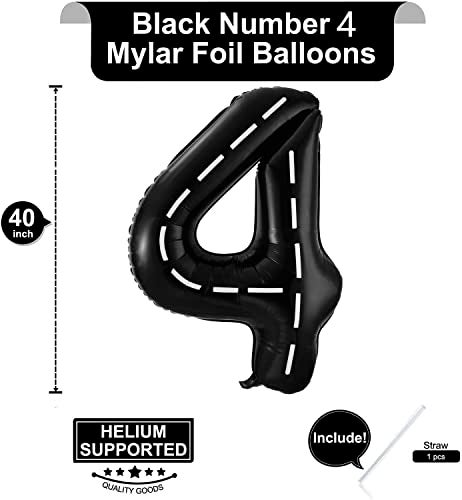 BBPOOL Race Car Number 4 Balloons40 Inch Racing Car 4 Birthday Balloons Two Fast Balloon Race Track Black 4 Balloon Number for Cars Theme Birthday Party - Image 5