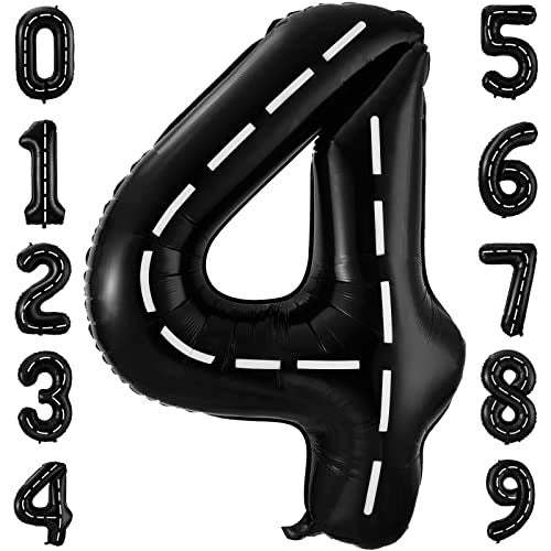 BBPOOL Race Car Number 4 Balloons40 Inch Racing Car 4 Birthday Balloons Two Fast Balloon Race Track Black 4 Balloon Number for Cars Theme Birthday Party - Image 1