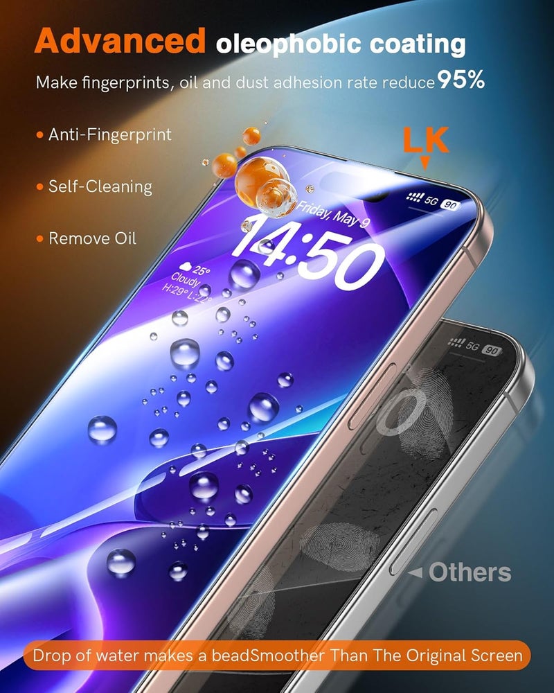 LK 3 Pack for iPhone 15 Pro Max Screen Protector Tempered Glass [One-Pull Install] [Auto-Dusting 0 Bubble] Military Grade Shatterproof, Full Coverage Top 9H Screen Protector for 15 Pro Max, HD Ultra - Image 4