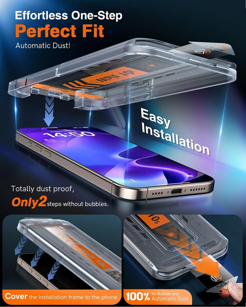 LK 3 Pack for iPhone 15 Pro Max Screen Protector Tempered Glass [One-Pull Install] [Auto-Dusting 0 Bubble] Military Grade Shatterproof, Full Coverage Top 9H Screen Protector for 15 Pro Max, HD Ultra - Image 2