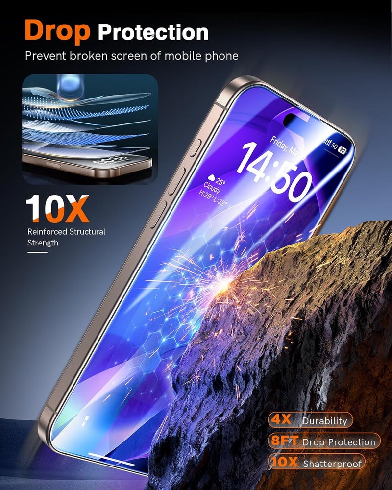 LK 3 Pack for iPhone 15 Pro Max Screen Protector Tempered Glass [One-Pull Install] [Auto-Dusting 0 Bubble] Military Grade Shatterproof, Full Coverage Top 9H Screen Protector for 15 Pro Max, HD Ultra - Image 3