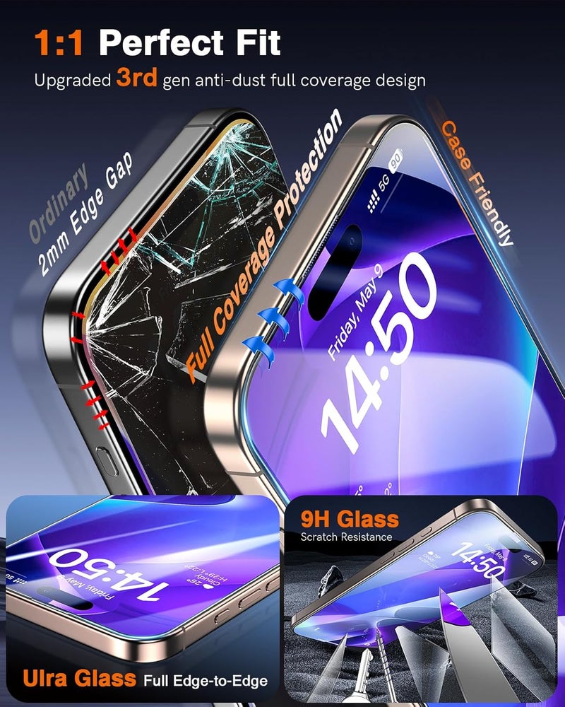 LK 3 Pack for iPhone 15 Pro Max Screen Protector Tempered Glass [One-Pull Install] [Auto-Dusting 0 Bubble] Military Grade Shatterproof, Full Coverage Top 9H Screen Protector for 15 Pro Max, HD Ultra - Image 5